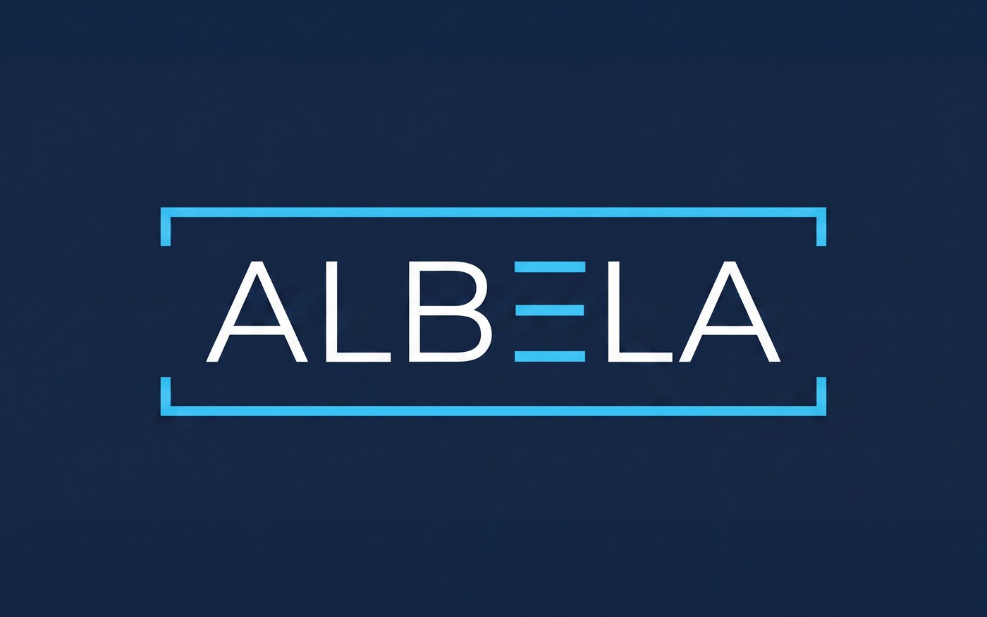 Логотип ALBELA — белые буквы в тонкой рамке, буква E из трёх бирюзовых полос на тёмно-синем фоне